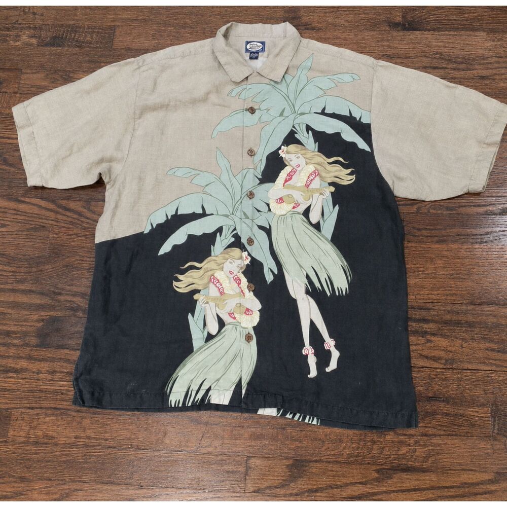 Vintage Tommy Bahama Hula Girl Ukulele Linen Hawaiian Aloha Shirt Mens Large